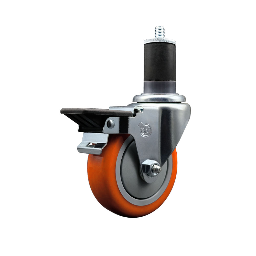 Polyurethane Expanding Stem Swivel Caster with 4 Inch Orange Wheel and 1-5/8" Stem & Posi Locking Brake - 350 lbs. Capacity Per Caster - Service Caster Brand — photo 1