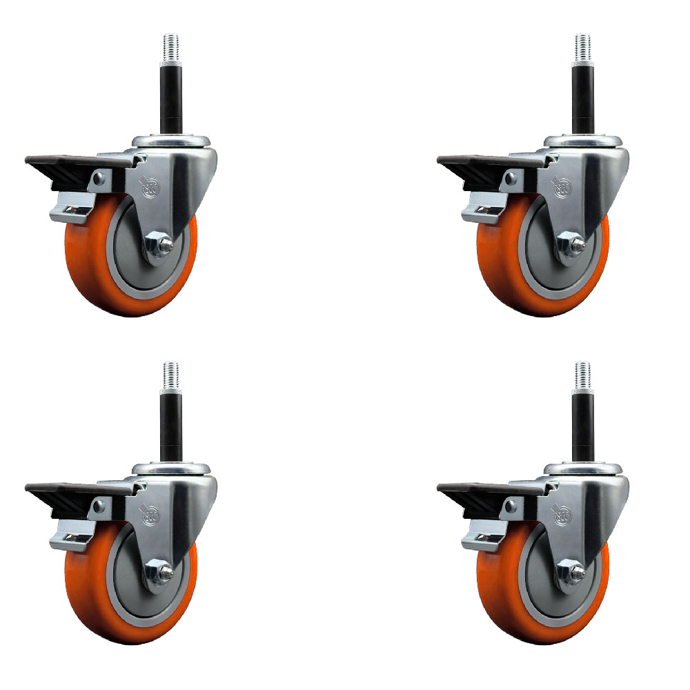 Polyurethane Swivel Expanding Stem Caster Set of 4 with 4 Inch Orange Wheels and 3/4" Stems - Includes 4 Swivel with Posi Locking Brakes - 350 lbs. Capacity Per Caster - Service Caster Brand — photo 1