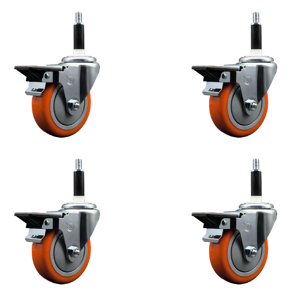 Polyurethane Swivel Expanding Stem Caster Set of 4 with 4 Inch Orange Wheels and 7/8" Stems - Includes 4 Swivel with Posi Locking Brakes - 350 lbs. Capacity Per Caster - Service Caster Brand — photo 1