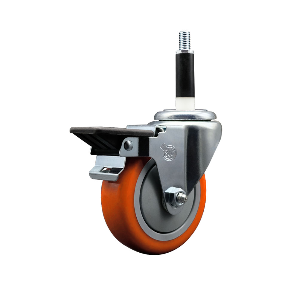 Polyurethane Expanding Stem Swivel Caster with 4 Inch Orange Wheel and 7/8" Stem & Posi Locking Brake - 350 lbs. Capacity Per Caster - Service Caster Brand — photo 1