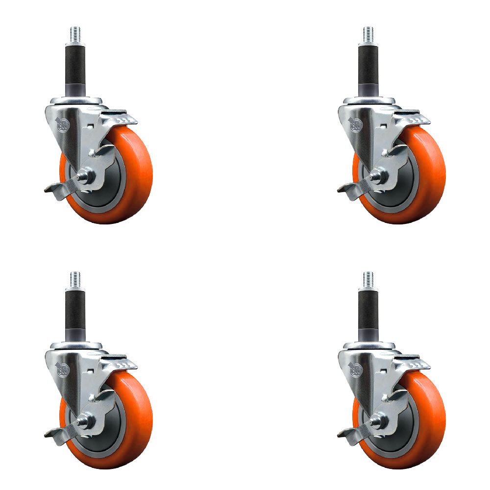 Polyurethane Swivel Expanding Stem Caster Set of 4 with 4 Inch Orange Wheels and 1" Stems - Includes 4 Swivel with Top Locking Brakes - 350 lbs. Capacity Per Caster - Service Caster Brand — photo 1