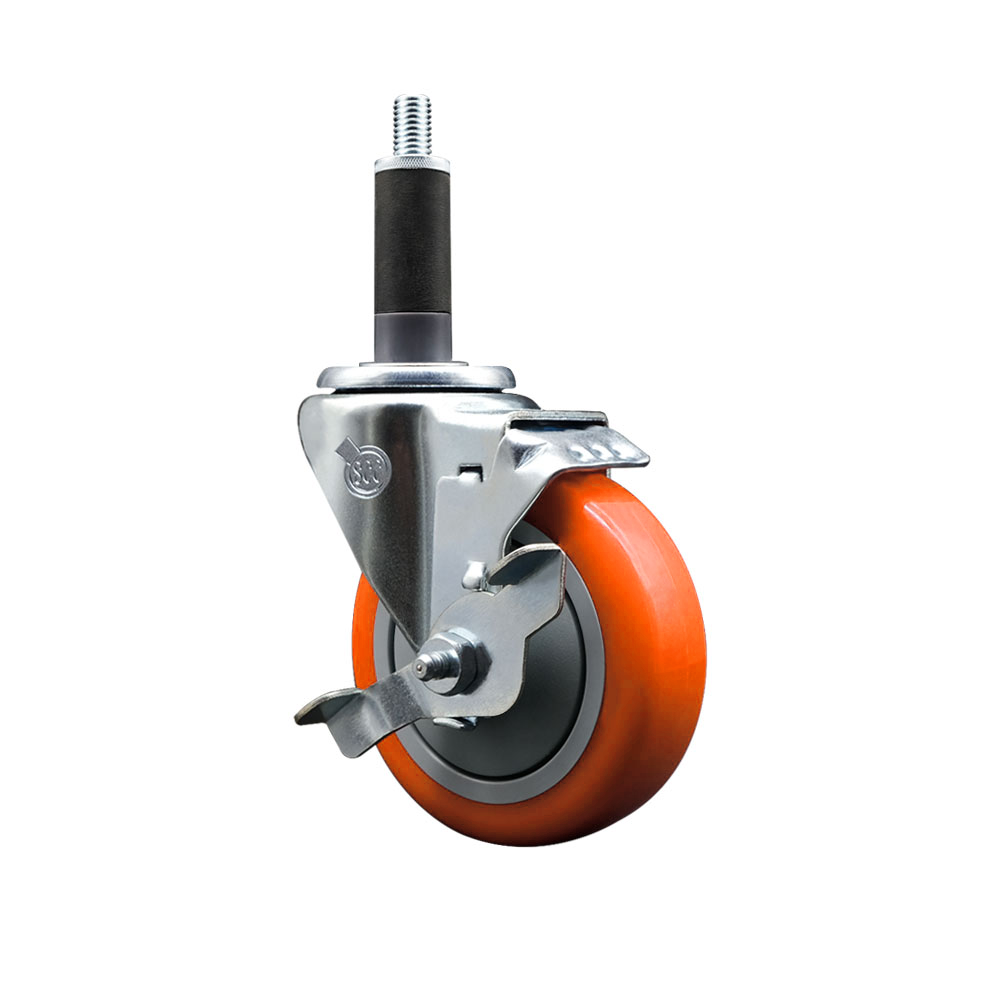 Polyurethane Expanding Stem Swivel Caster with 4 Inch Orange Wheel and 1" Stem & Top Locking Brake - 350 lbs. Capacity Per Caster - Service Caster Brand — photo 1