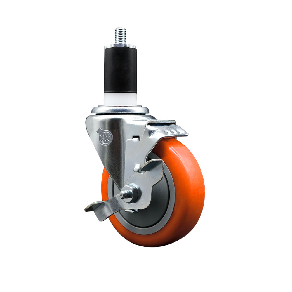 Polyurethane Expanding Stem Swivel Caster with 4 Inch Orange Wheel and 1-1/2" Stem & Top Locking Brake - 350 lbs. Capacity Per Caster - Service Caster Brand — photo 1