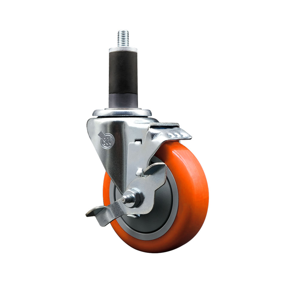 Polyurethane Expanding Stem Swivel Caster with 4 Inch Orange Wheel and 1-1/4" Stem & Top Locking Brake - 350 lbs. Capacity Per Caster - Service Caster Brand — photo 1