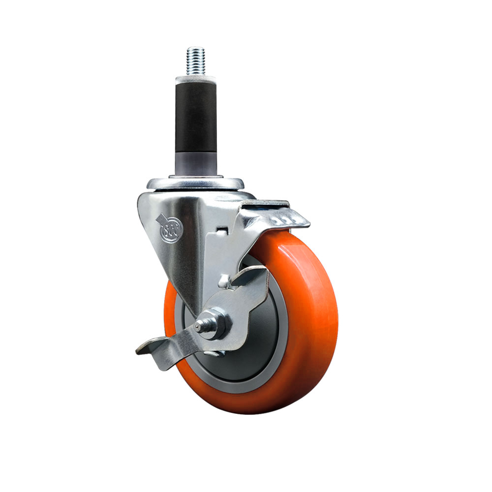 Stainless Steel Polyurethane Expanding Stem Swivel Caster with 4 Inch Orange Wheel and 1-1/8" Stem & Top Locking Brake - 350 lbs. Capacity Per Caster - Service Caster Brand — photo 1