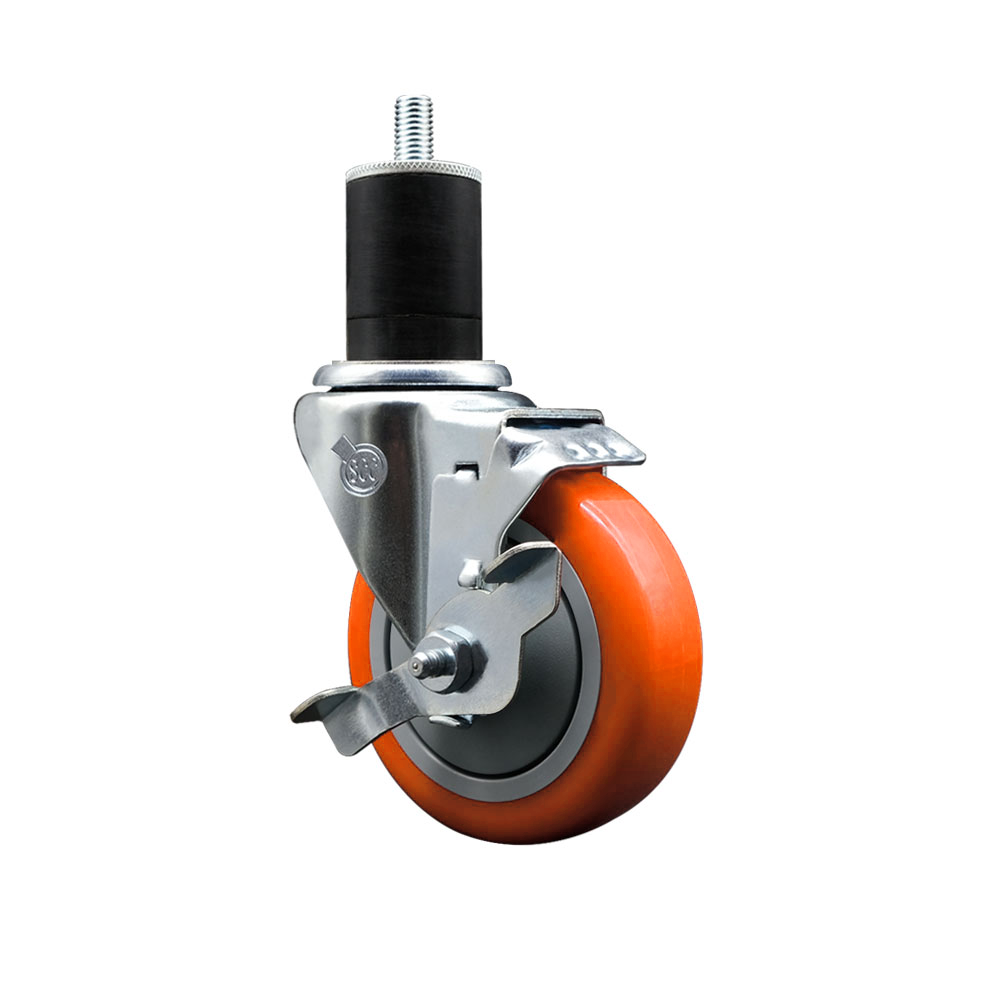 Polyurethane Expanding Stem Swivel Caster with 4 Inch Orange Wheel and 1-3/4" Stem & Top Locking Brake - 350 lbs. Capacity Per Caster - Service Caster Brand — photo 1