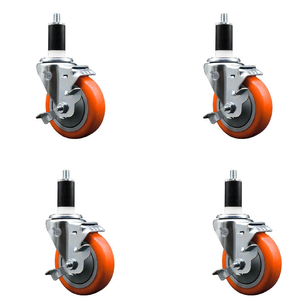 Polyurethane Swivel Expanding Stem Caster Set of 4 with 4 Inch Orange Wheels and 1-3/8" Stems - Includes 4 Swivel with Top Locking Brakes - 350 lbs. Capacity Per Caster - Service Caster Brand — photo 1