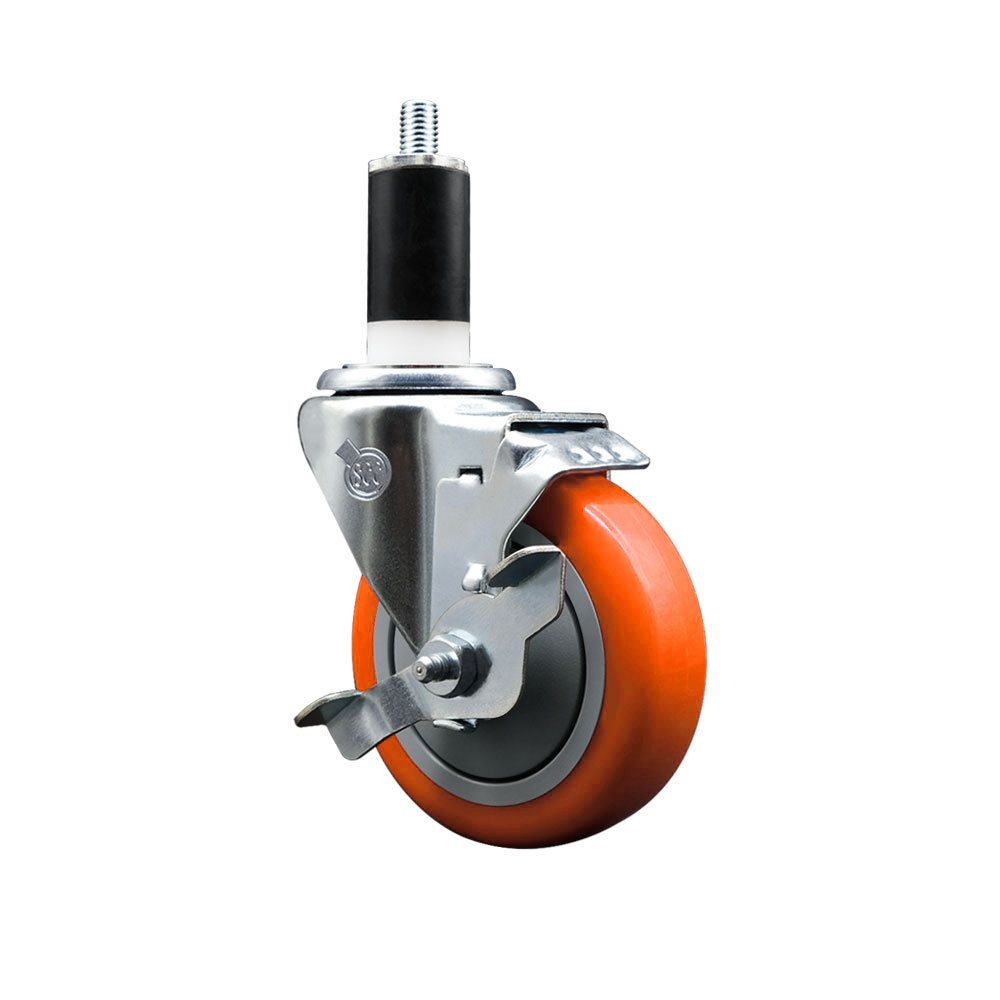 Stainless Steel Polyurethane Expanding Stem Swivel Caster with 4 Inch Orange Wheel and 1-3/8" Stem & Top Locking Brake - 350 lbs. Capacity Per Caster - Service Caster Brand — photo 1