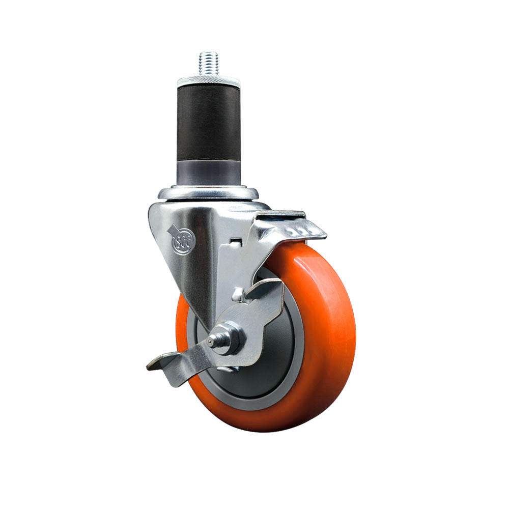 Stainless Steel Polyurethane Expanding Stem Swivel Caster with 4 Inch Orange Wheel and 1-5/8" Stem & Top Locking Brake - 350 lbs. Capacity Per Caster - Service Caster Brand — photo 1