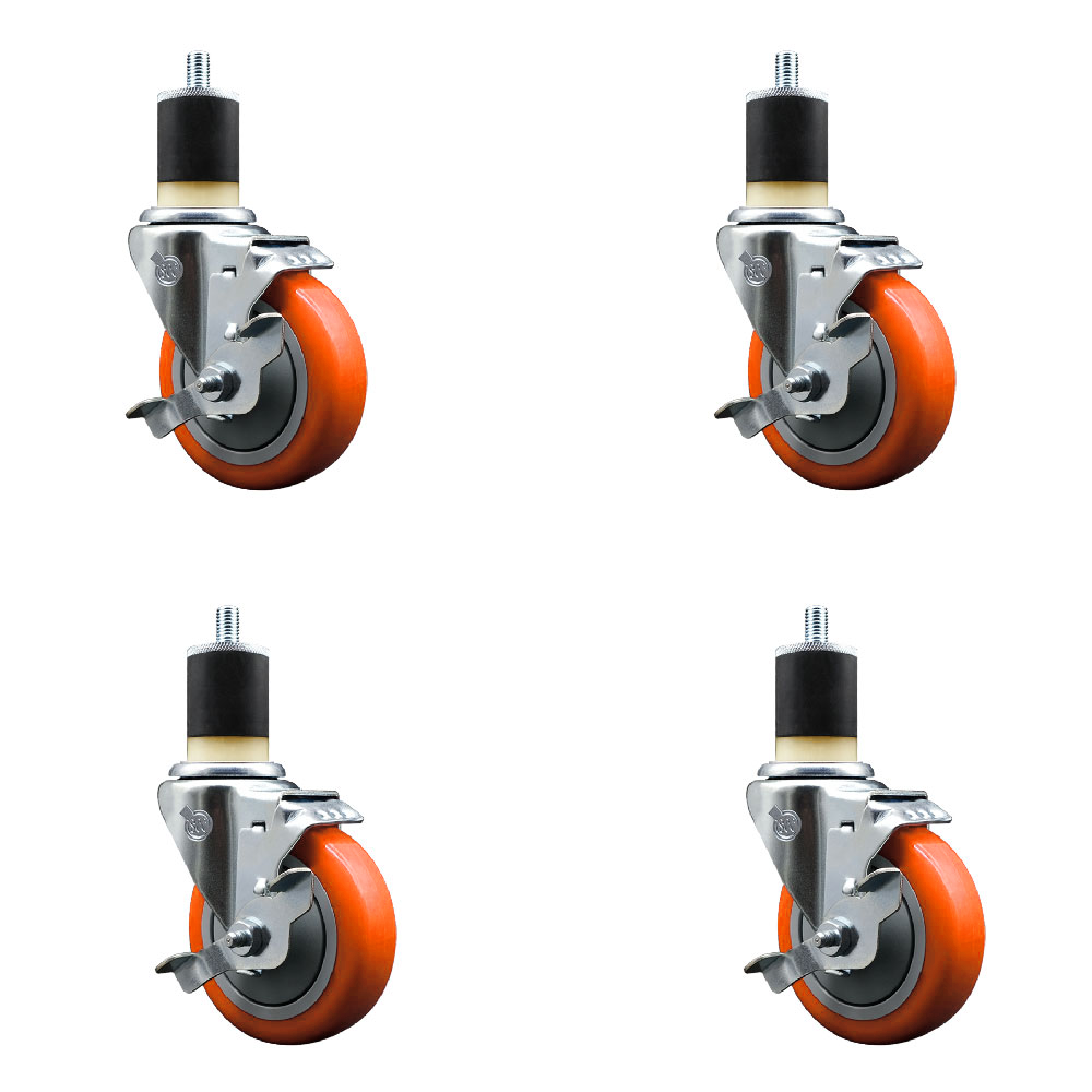 Polyurethane Swivel Expanding Stem Caster Set of 4 with 4 Inch Orange Wheels and 1-7/8" Stems - Includes 4 Swivel with Top Locking Brakes - 350 lbs. Capacity Per Caster - Service Caster Brand — photo 1