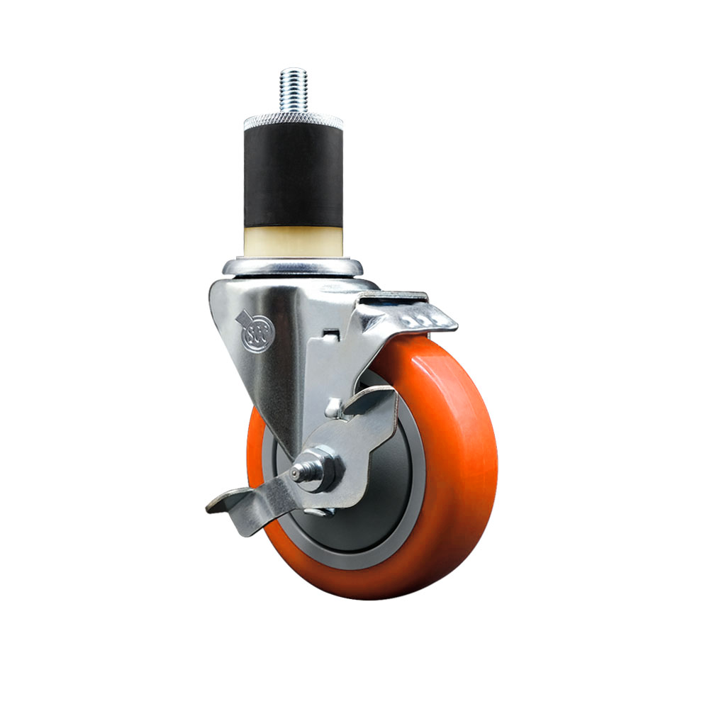 Polyurethane Expanding Stem Swivel Caster with 4 Inch Orange Wheel and 1-7/8" Stem & Top Locking Brake - 350 lbs. Capacity Per Caster - Service Caster Brand — photo 1
