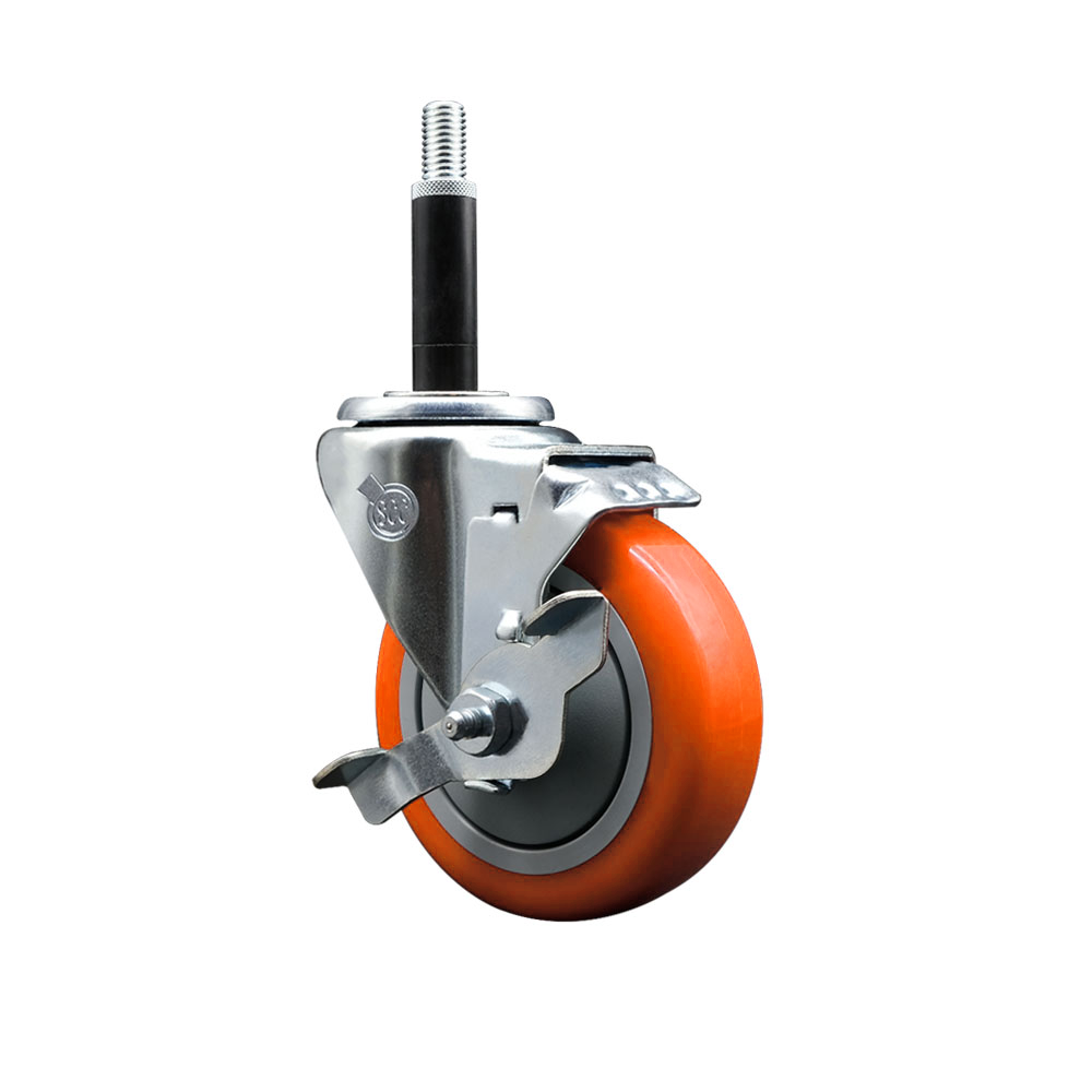 Polyurethane Expanding Stem Swivel Caster with 4 Inch Orange Wheel and 3/4" Stem & Top Locking Brake - 350 lbs. Capacity Per Caster - Service Caster Brand — photo 1