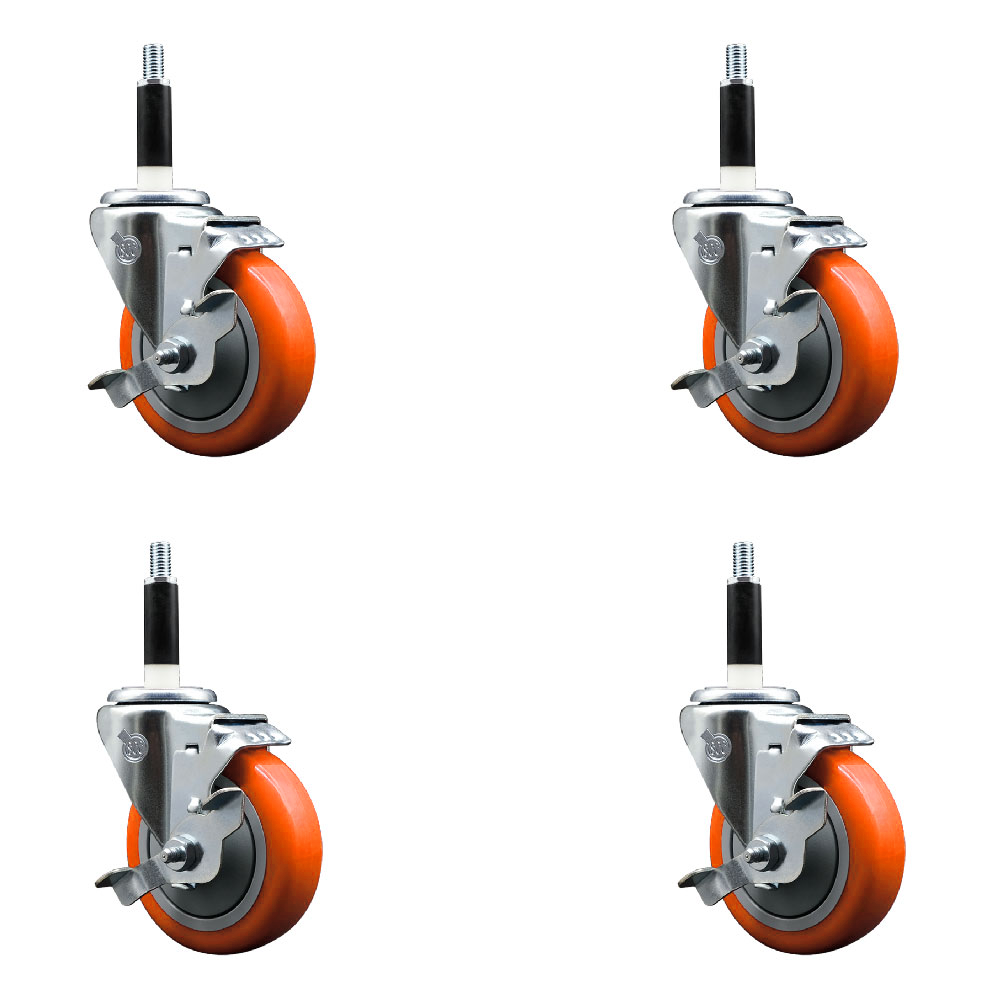 Polyurethane Swivel Expanding Stem Caster Set of 4 with 4 Inch Orange Wheels and 7/8" Stems - Includes 4 Swivel with Top Locking Brakes - 350 lbs. Capacity Per Caster - Service Caster Brand — photo 1