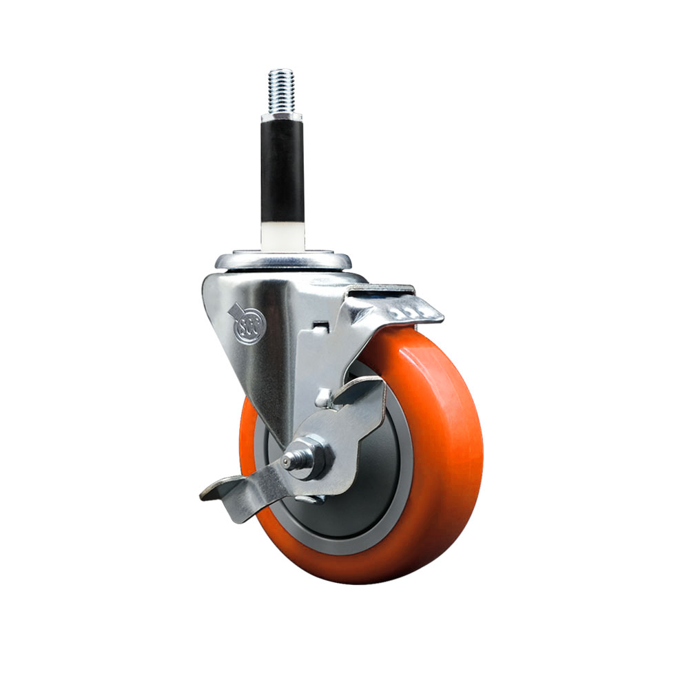 Stainless Steel Polyurethane Expanding Stem Swivel Caster with 4 Inch Orange Wheel and 7/8" Stem & Top Locking Brake - 350 lbs. Capacity Per Caster - Service Caster Brand — photo 1