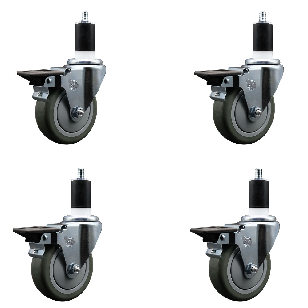 Polyurethane Swivel Expanding Stem Caster Set of 4 with 4 Inch Gray Wheels and 1-1/2" Stems - Includes 4 Swivel with Posi Locking Brakes - 350 lbs. Capacity Per Caster - Service Caster Brand — photo 1