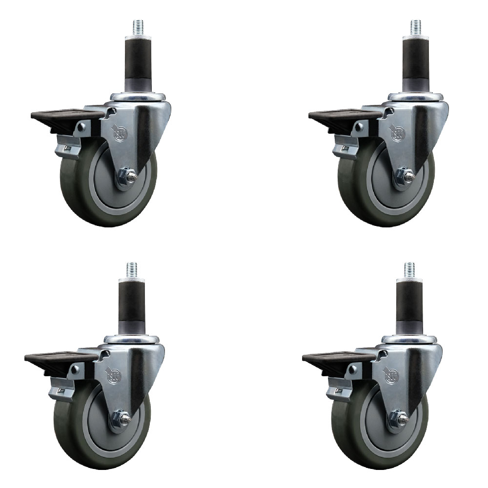 Polyurethane Swivel Expanding Stem Caster Set of 4 with 4 Inch Gray Wheels and 1-1/4" Stems - Includes 4 Swivel with Posi Locking Brakes - 350 lbs. Capacity Per Caster - Service Caster Brand — photo 1