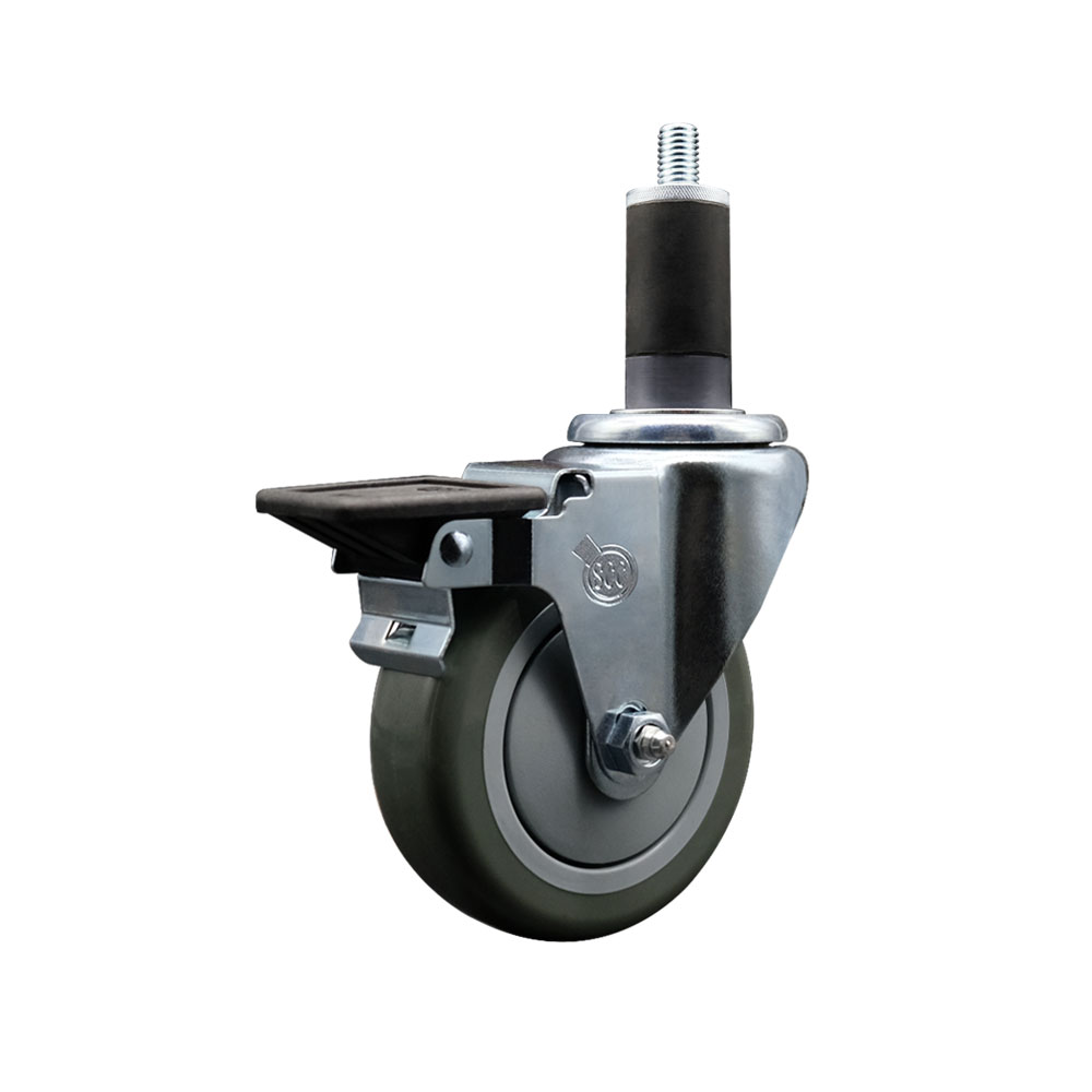 Polyurethane Expanding Stem Swivel Caster with 4 Inch Gray Wheel and 1-1/4" Stem & Posi Locking Brake - 350 lbs. Capacity Per Caster - Service Caster Brand — photo 1