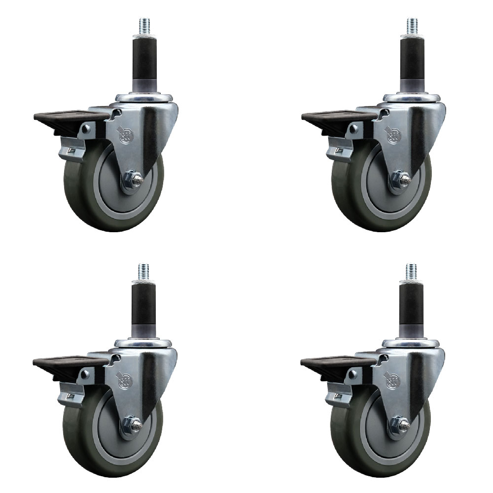 Polyurethane Swivel Expanding Stem Caster Set of 4 with 4 Inch Gray Wheels and 1-1/8" Stems - Includes 4 Swivel with Posi Locking Brakes - 350 lbs. Capacity Per Caster - Service Caster Brand — photo 1