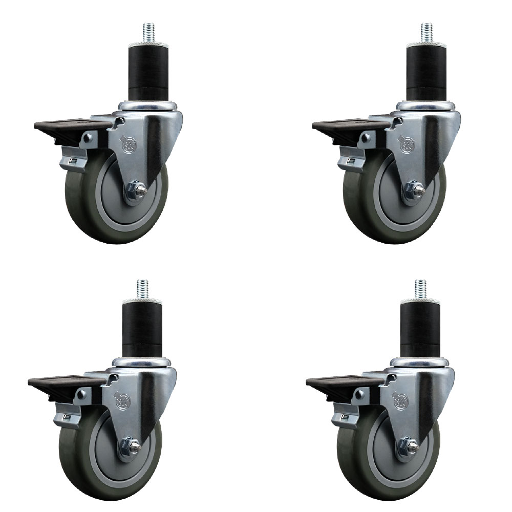 Polyurethane Swivel Expanding Stem Caster Set of 4 with 4 Inch Gray Wheels and 1-3/4" Stems - Includes 4 Swivel with Posi Locking Brakes - 350 lbs. Capacity Per Caster - Service Caster Brand — photo 1