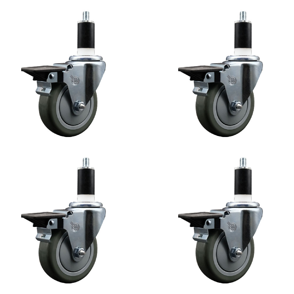 Polyurethane Swivel Expanding Stem Caster Set of 4 with 4 Inch Gray Wheels and 1-3/8" Stems - Includes 4 Swivel with Posi Locking Brakes - 350 lbs. Capacity Per Caster - Service Caster Brand — photo 1