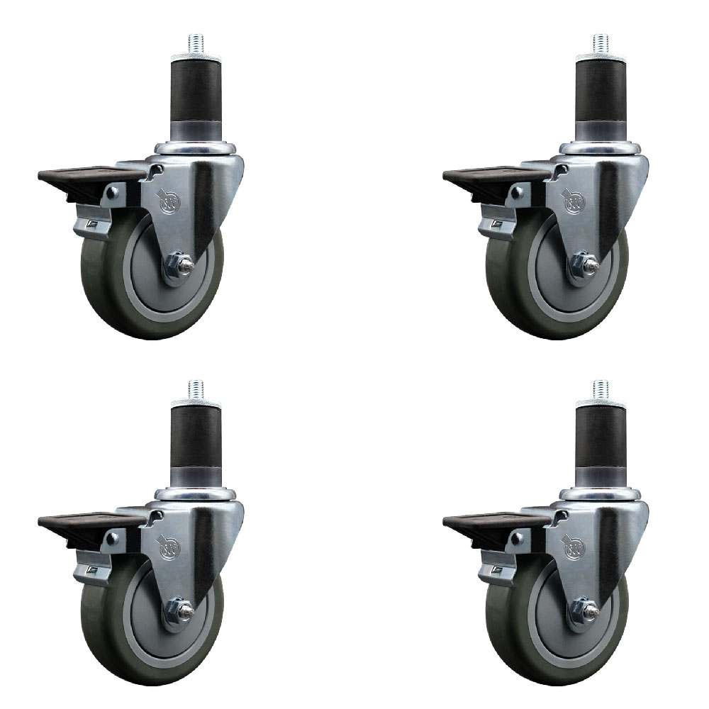 Polyurethane Swivel Expanding Stem Caster Set of 4 with 4 Inch Gray Wheels and 1-5/8" Stems - Includes 4 Swivel with Posi Locking Brakes - 350 lbs. Capacity Per Caster - Service Caster Brand — photo 1