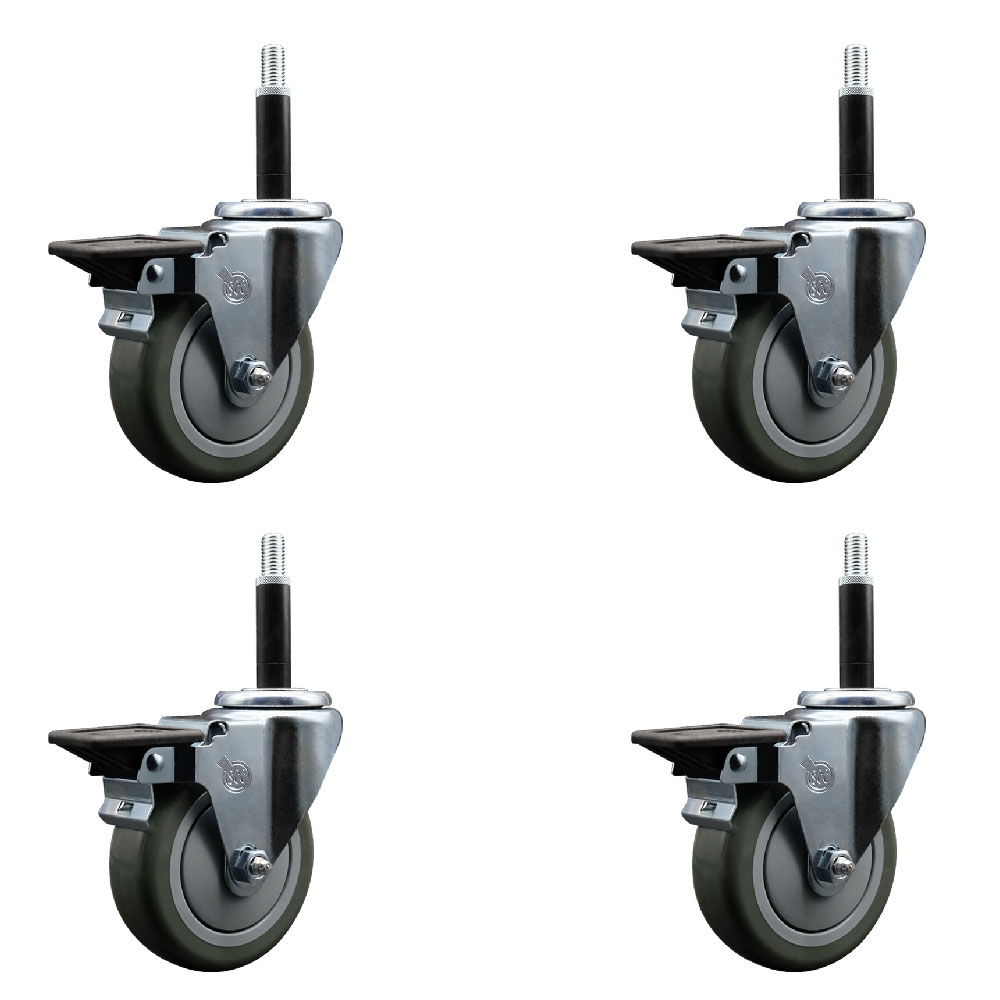 Polyurethane Swivel Expanding Stem Caster Set of 4 with 4 Inch Gray Wheels and 3/4" Stems - Includes 4 Swivel with Posi Locking Brakes - 350 lbs. Capacity Per Caster - Service Caster Brand — photo 1