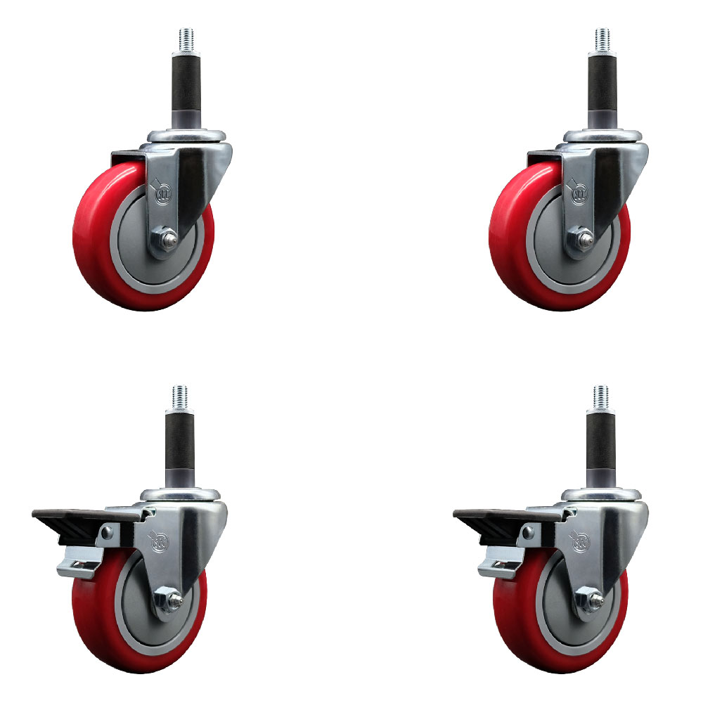 Polyurethane Swivel Expanding Stem Caster Set of 4 with 4 Inch Red Wheels and 1" Stems - Includes 2 with Posi Locking Brakes - 1400 lbs Total Capacity - Service Caster Brand — photo 1