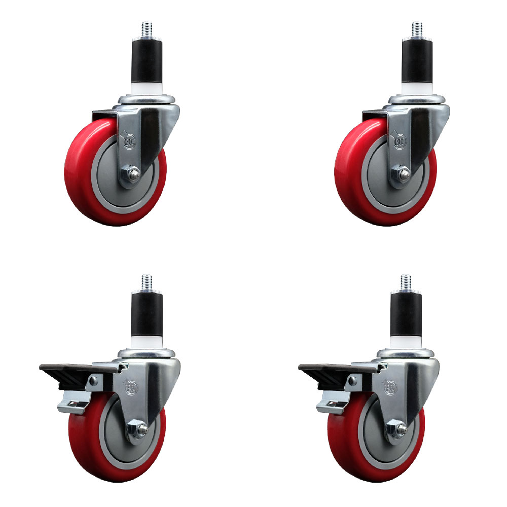 Polyurethane Swivel Expanding Stem Caster Set of 4 with 4 Inch Red Wheels and 1-1/2" Stems - Includes 2 with Posi Locking Brakes - 1400 lbs Total Capacity - Service Caster Brand — photo 1