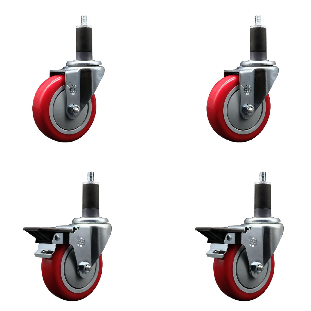 Polyurethane Swivel Expanding Stem Caster Set of 4 with 4 Inch Red Wheels and 1-1/4" Stems - Includes 2 with Posi Locking Brakes - 1400 lbs Total Capacity - Service Caster Brand — photo 1