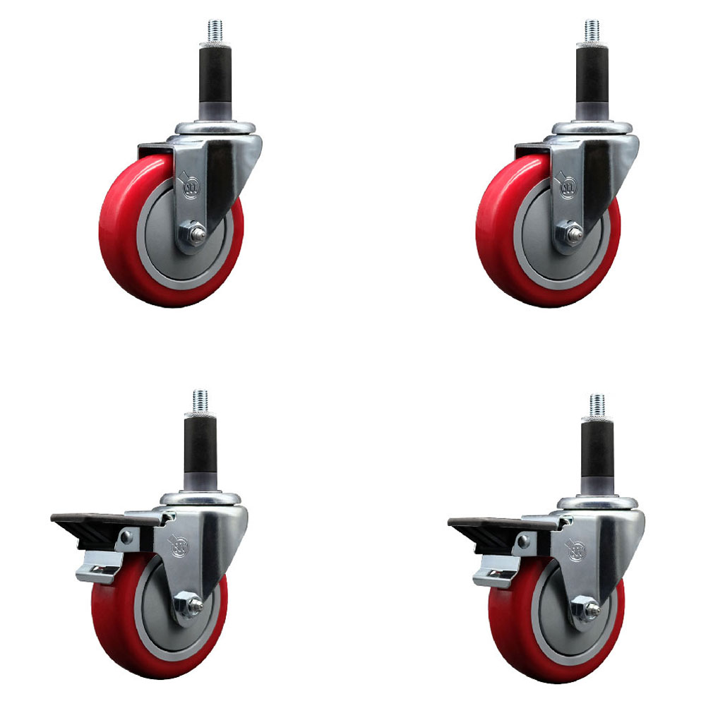 Polyurethane Swivel Expanding Stem Caster Set of 4 with 4 Inch Red Wheels and 1-1/8" Stems - Includes 2 with Posi Locking Brakes - 1400 lbs Total Capacity - Service Caster Brand — photo 1