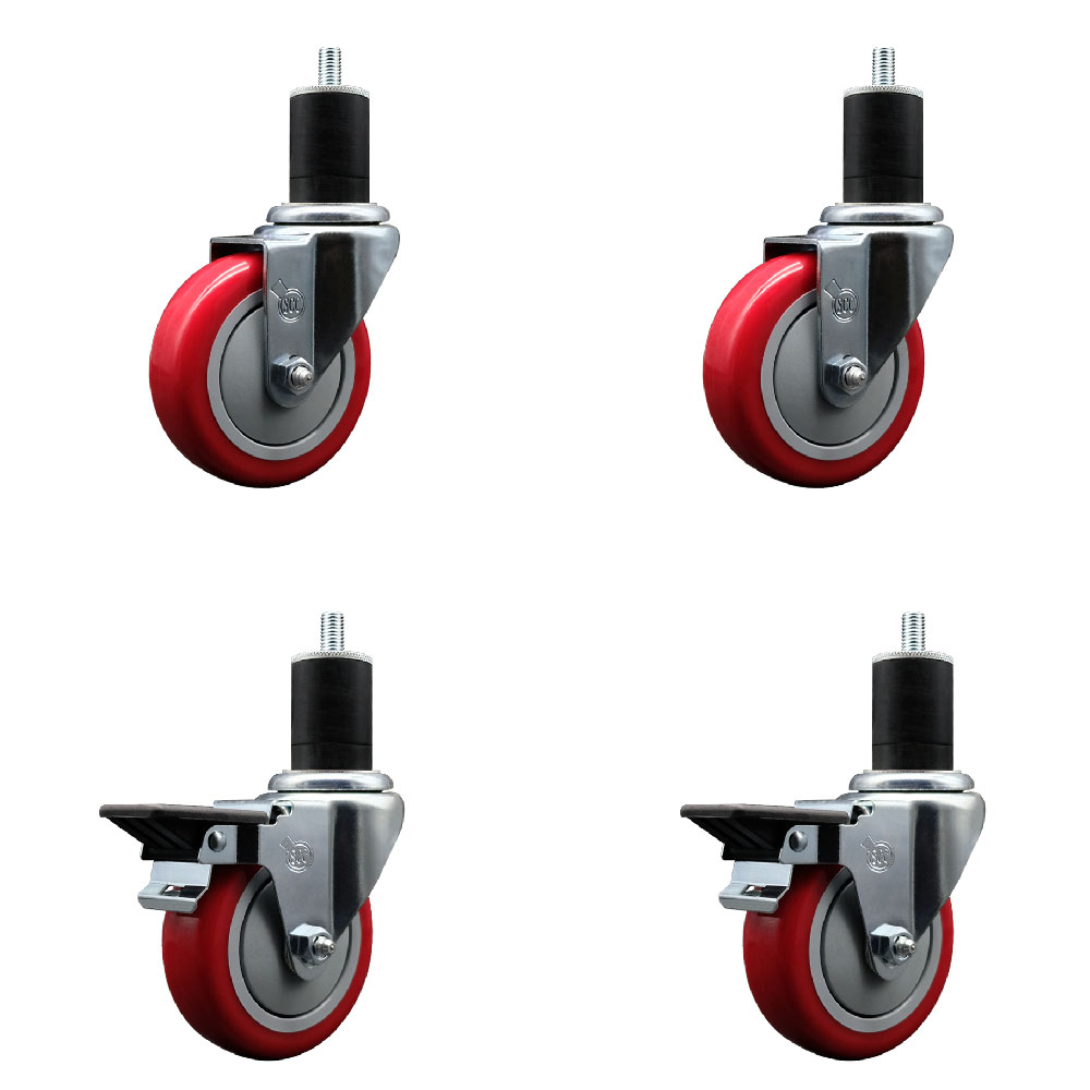 Polyurethane Swivel Expanding Stem Caster Set of 4 with 4 Inch Red Wheels and 1-3/4" Stems - Includes 2 with Posi Locking Brakes - 1400 lbs Total Capacity - Service Caster Brand — photo 1