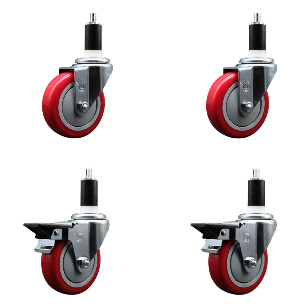 Polyurethane Swivel Expanding Stem Caster Set of 4 with 4 Inch Red Wheels and 1-3/8" Stems - Includes 2 with Posi Locking Brakes - 1400 lbs Total Capacity - Service Caster Brand — photo 1
