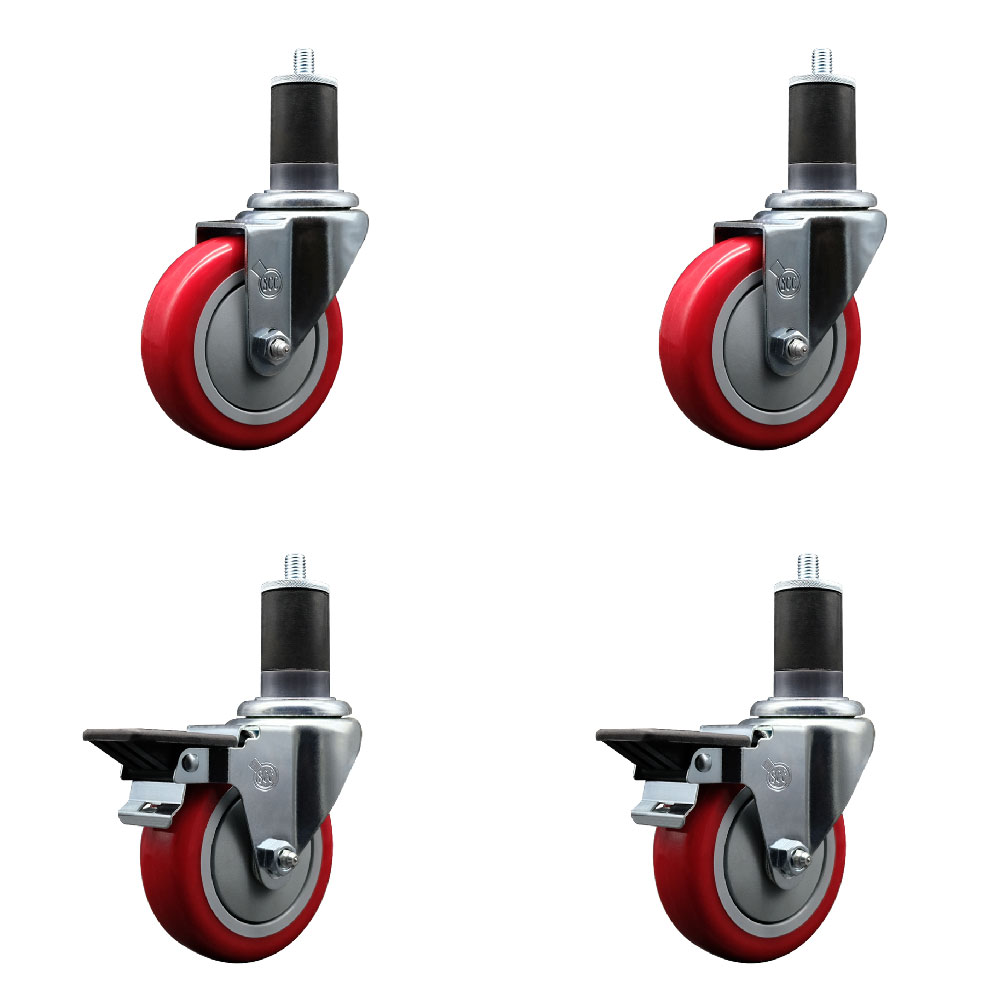 Polyurethane Swivel Expanding Stem Caster Set of 4 with 4 Inch Red Wheels and 1-5/8" Stems - Includes 2 with Posi Locking Brakes - 1400 lbs Total Capacity - Service Caster Brand — photo 1