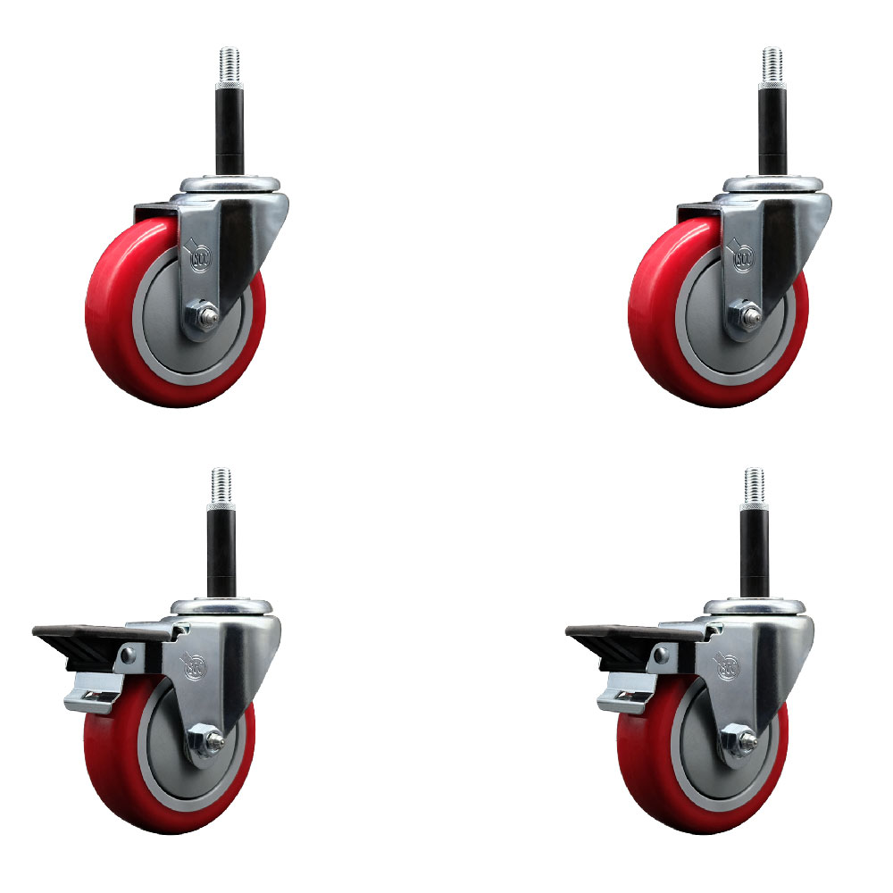Polyurethane Swivel Expanding Stem Caster Set of 4 with 4 Inch Red Wheels and 3/4" Stems - Includes 2 with Posi Locking Brakes - 1400 lbs Total Capacity - Service Caster Brand — photo 1