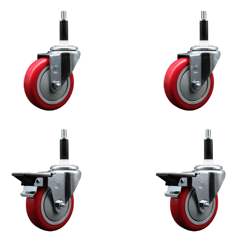 Polyurethane Swivel Expanding Stem Caster Set of 4 with 4 Inch Red Wheels and 7/8" Stems - Includes 2 with Posi Locking Brakes - 1400 lbs Total Capacity - Service Caster Brand — photo 1