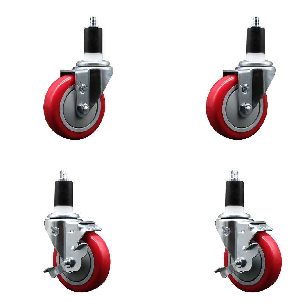 Polyurethane Swivel Expanding Stem Caster Set of 4 with 4 Inch Red Wheels and 1-1/2" Stems - Includes 2 with Top Locking Brakes - 1400 lbs Total Capacity - Service Caster Brand — photo 1