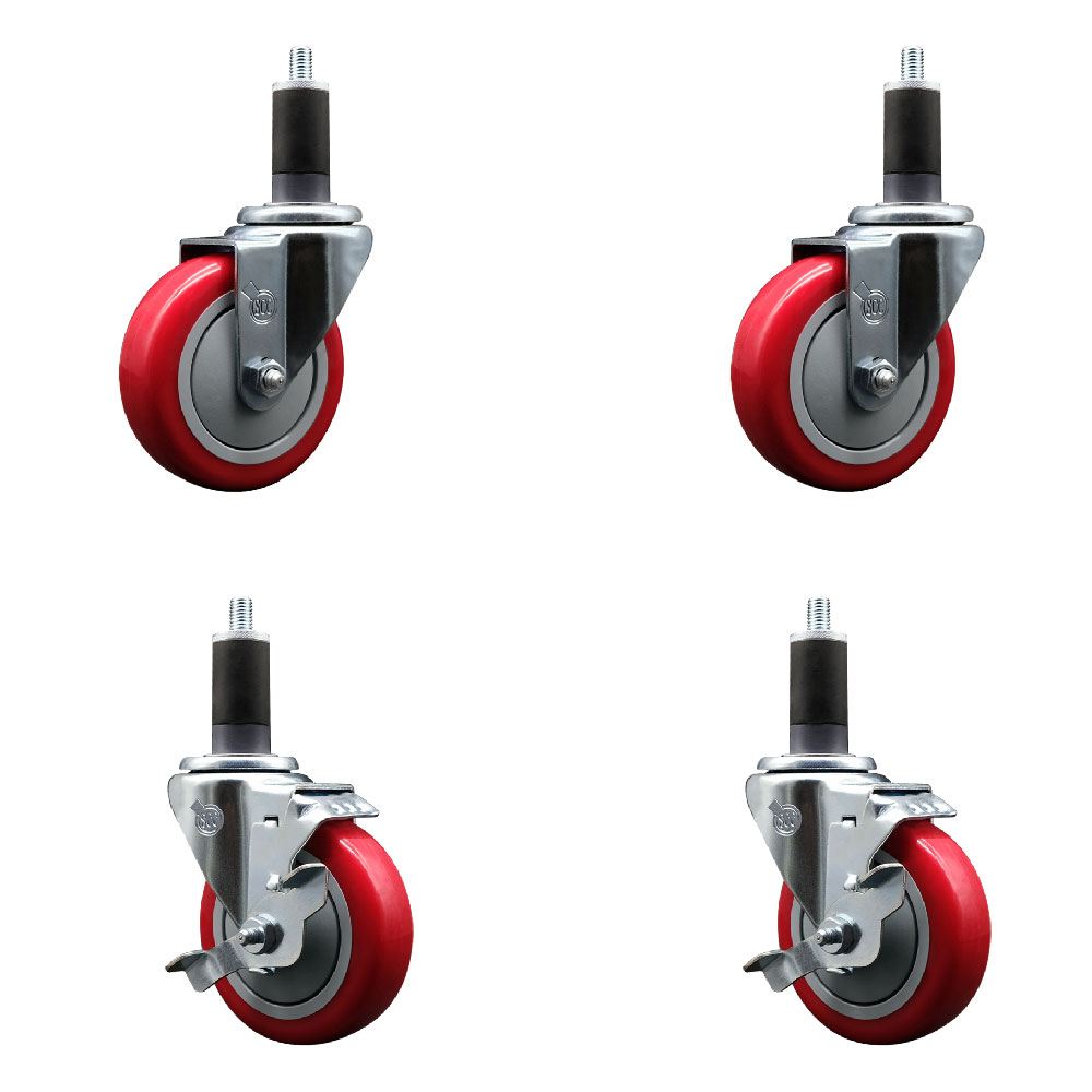 Stainless Steel Polyurethane Swivel Expanding Stem Caster Set of 4 with 4 Inch Red Wheels and 1-1/4" Stems - Includes 2 with Top Locking Brakes - 1400 lbs Total Capacity - Service Caster Brand — photo 1