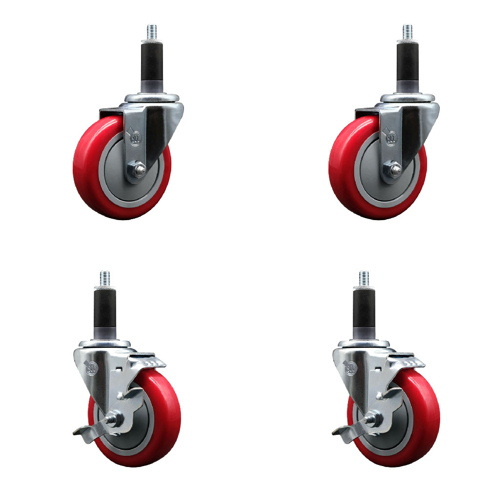 Polyurethane Swivel Expanding Stem Caster Set of 4 with 4 Inch Red Wheels and 1-1/8" Stems - Includes 2 with Top Locking Brakes - 1400 lbs Total Capacity - Service Caster Brand — photo 1