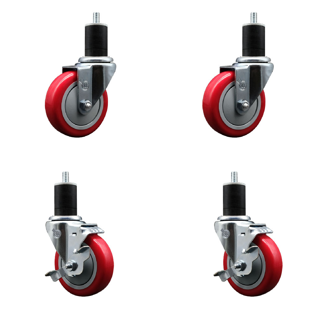 Stainless Steel Polyurethane Swivel Expanding Stem Caster Set of 4 with 4 Inch Red Wheels and 1-3/4" Stems - Includes 2 with Top Locking Brakes - 1400 lbs Total Capacity - Service Caster Brand — photo 1