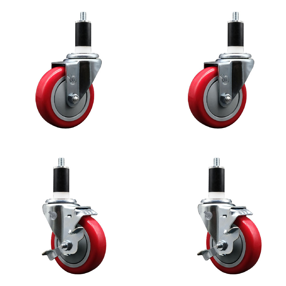 Polyurethane Swivel Expanding Stem Caster Set of 4 with 4 Inch Red Wheels and 1-3/8" Stems - Includes 2 with Top Locking Brakes - 1400 lbs Total Capacity - Service Caster Brand — photo 1