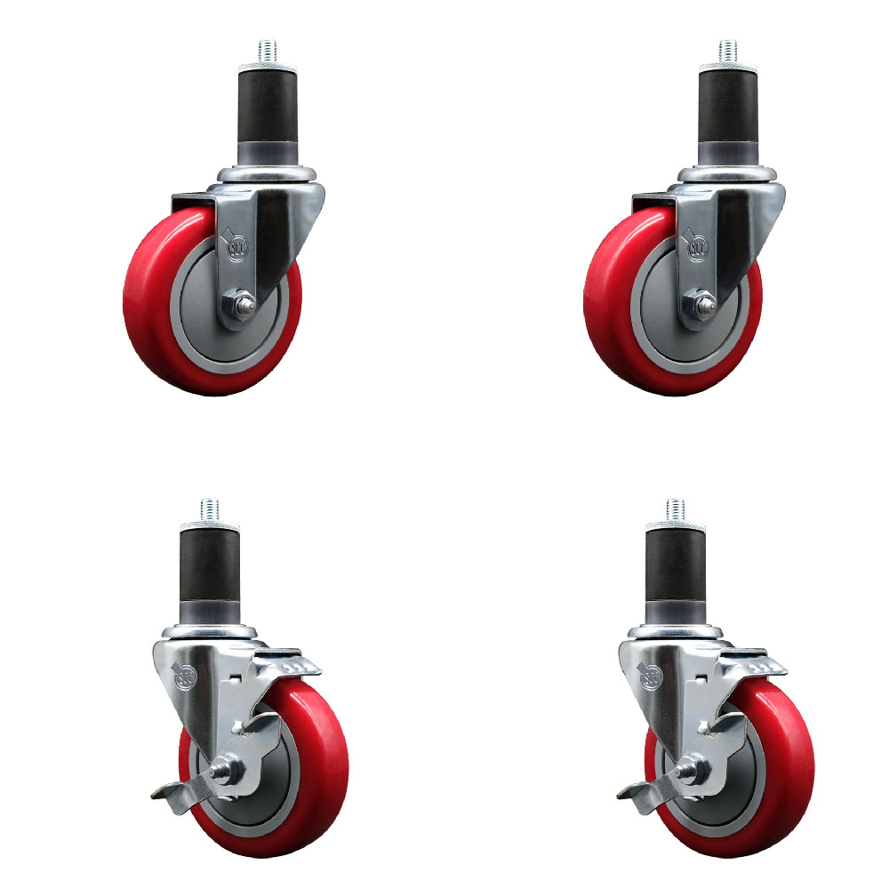 Stainless Steel Polyurethane Swivel Expanding Stem Caster Set of 4 with 4 Inch Red Wheels and 1-5/8" Stems - Includes 2 with Top Locking Brakes - 1400 lbs Total Capacity - Service Caster Brand — photo 1