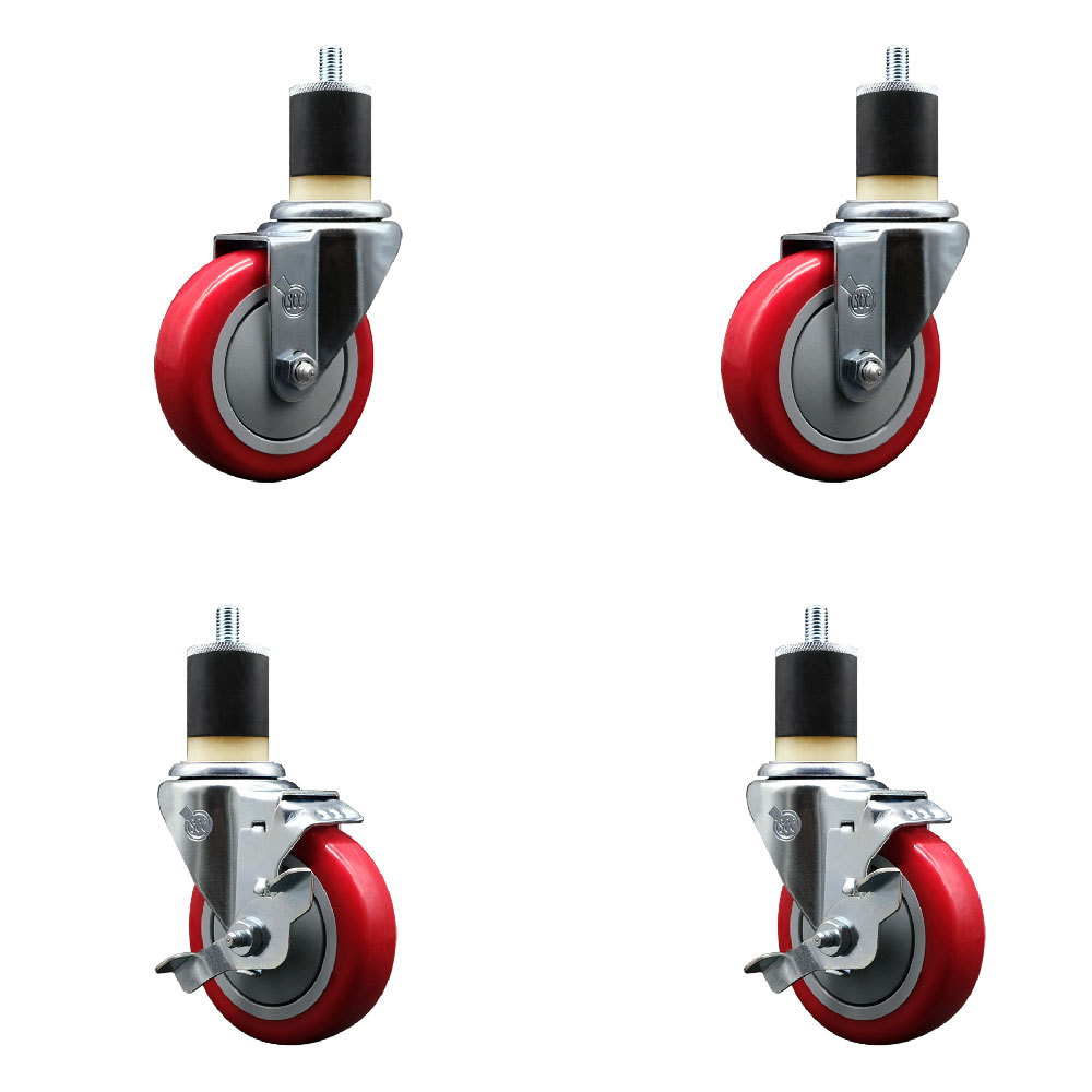 Polyurethane Swivel Expanding Stem Caster Set of 4 with 4 Inch Red Wheels and 1-7/8" Stems - Includes 2 with Top Locking Brakes - 1400 lbs Total Capacity - Service Caster Brand — photo 1