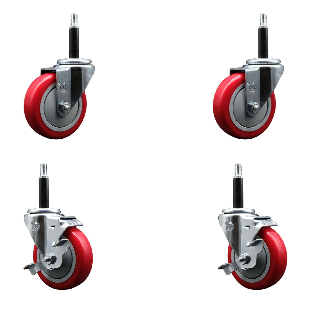 Polyurethane Swivel Expanding Stem Caster Set of 4 with 4 Inch Red Wheels and 3/4" Stems - Includes 2 with Top Locking Brakes - 1400 lbs Total Capacity - Service Caster Brand — photo 1