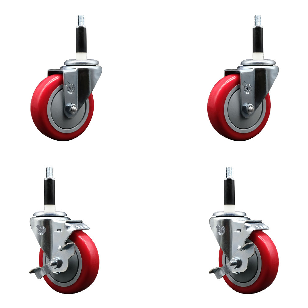 Polyurethane Swivel Expanding Stem Caster Set of 4 with 4 Inch Red Wheels and 7/8" Stems - Includes 2 with Top Locking Brakes - 1400 lbs Total Capacity - Service Caster Brand — photo 1