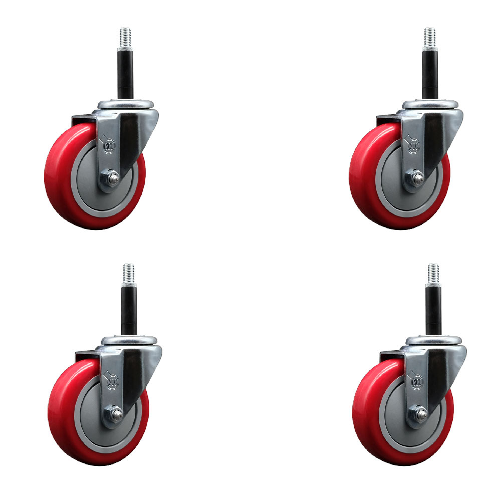 Polyurethane Swivel Expanding Stem Caster Set of 4 with 4 Inch Red Wheels and 3/4" Stems - 350 lbs. Capacity Per Caster - Service Caster Brand — photo 1