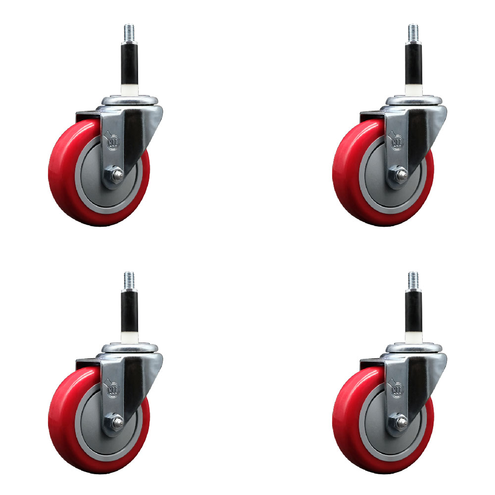 Polyurethane Swivel Expanding Stem Caster Set of 4 with 4 Inch Red Wheels and 7/8" Stems - 350 lbs. Capacity Per Caster - Service Caster Brand — photo 1