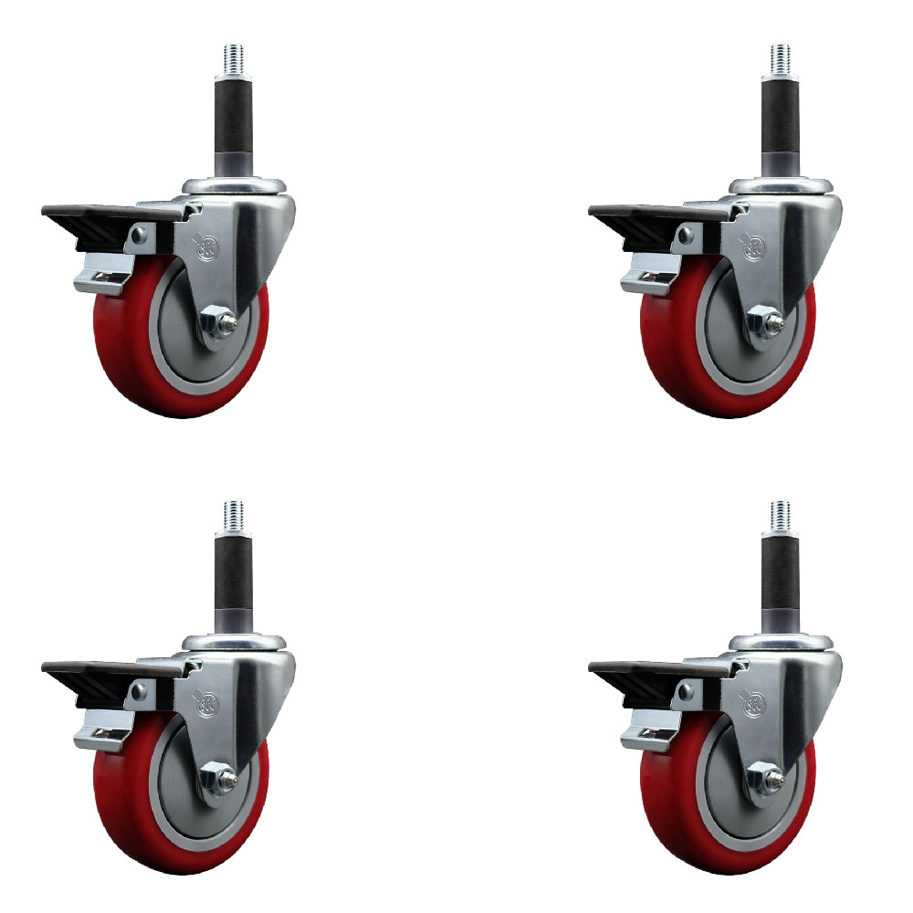 Polyurethane Swivel Expanding Stem Caster Set of 4 with 4 Inch Red Wheels and 1" Stems - Includes 4 Swivel with Posi Locking Brakes - 350 lbs. Capacity Per Caster - Service Caster Brand — photo 1
