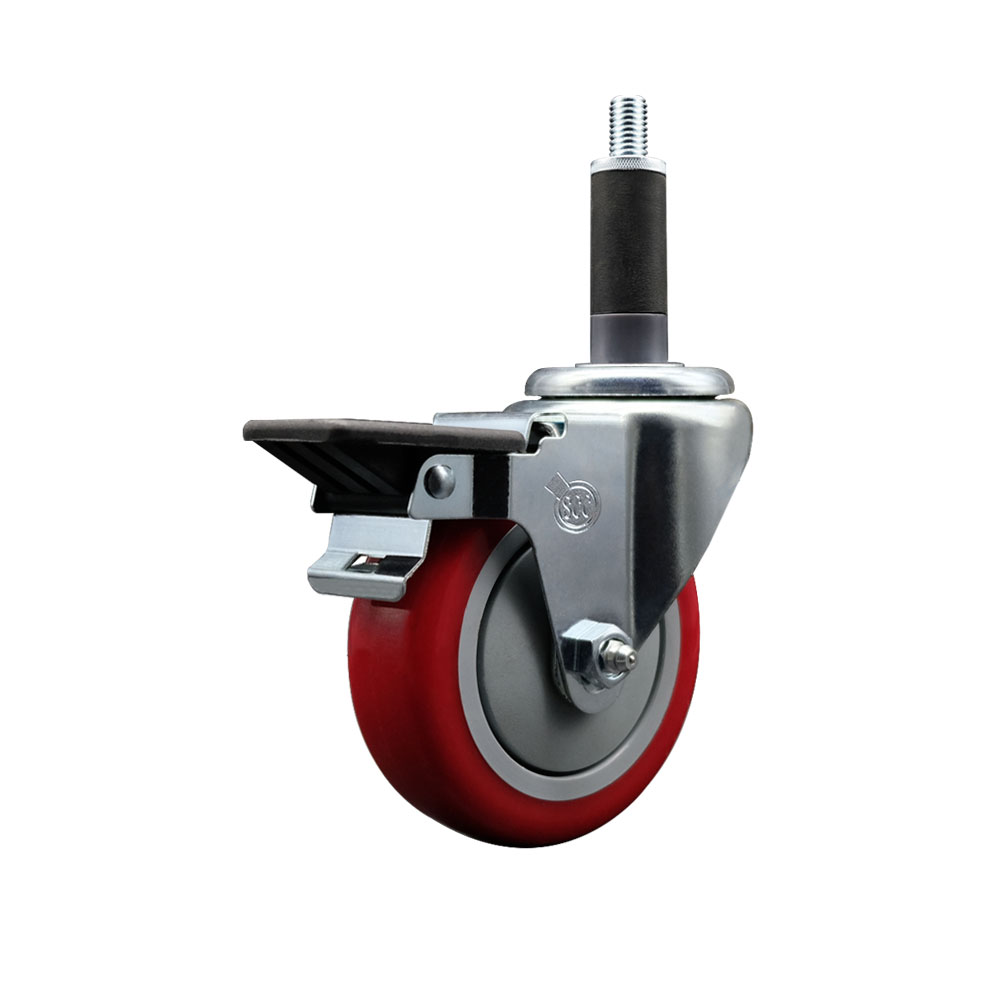Polyurethane Expanding Stem Swivel Caster with 4 Inch Red Wheel and 1" Stem & Posi Locking Brake - 350 lbs. Capacity Per Caster - Service Caster Brand — photo 1