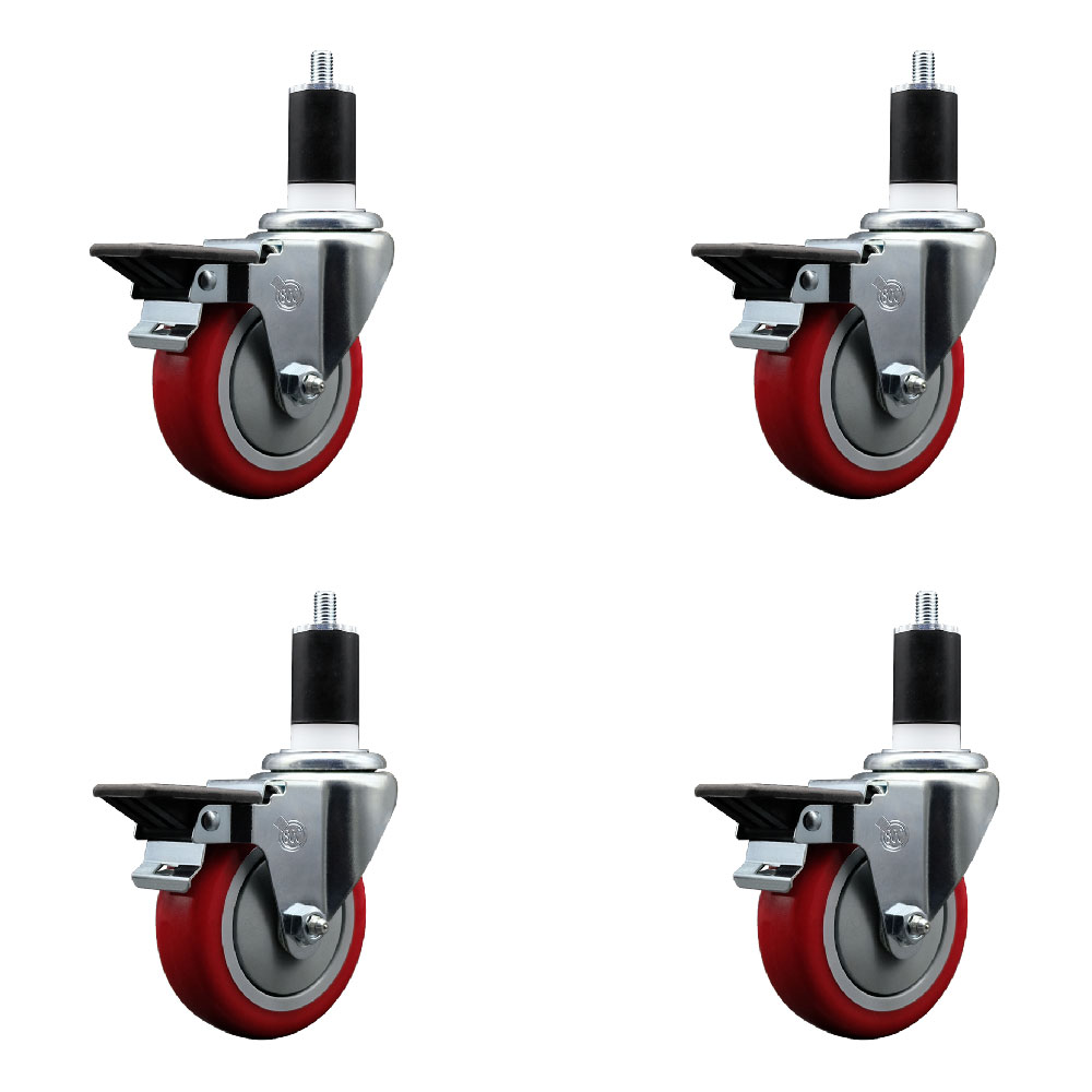Polyurethane Swivel Expanding Stem Caster Set of 4 with 4 Inch Red Wheels and 1-1/2" Stems - Includes 4 Swivel with Posi Locking Brakes - 350 lbs. Capacity Per Caster - Service Caster Brand — photo 1