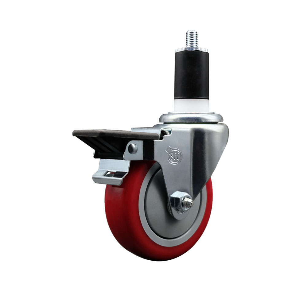 Polyurethane Expanding Stem Swivel Caster with 4 Inch Red Wheel and 1-1/2" Stem & Posi Locking Brake - 350 lbs. Capacity Per Caster - Service Caster Brand — photo 1